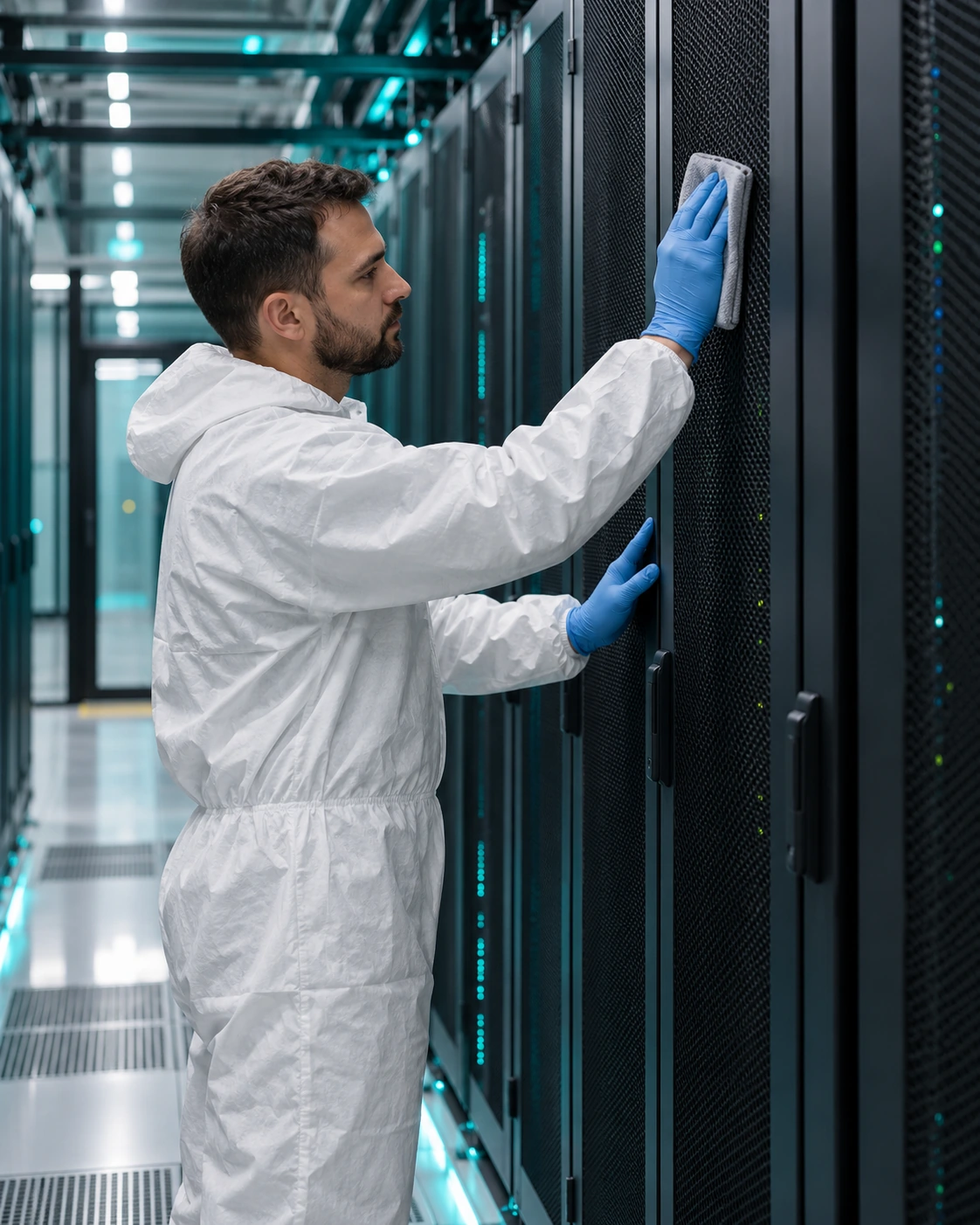 Illustrative specialist cleaning the external surface of a server cabinet