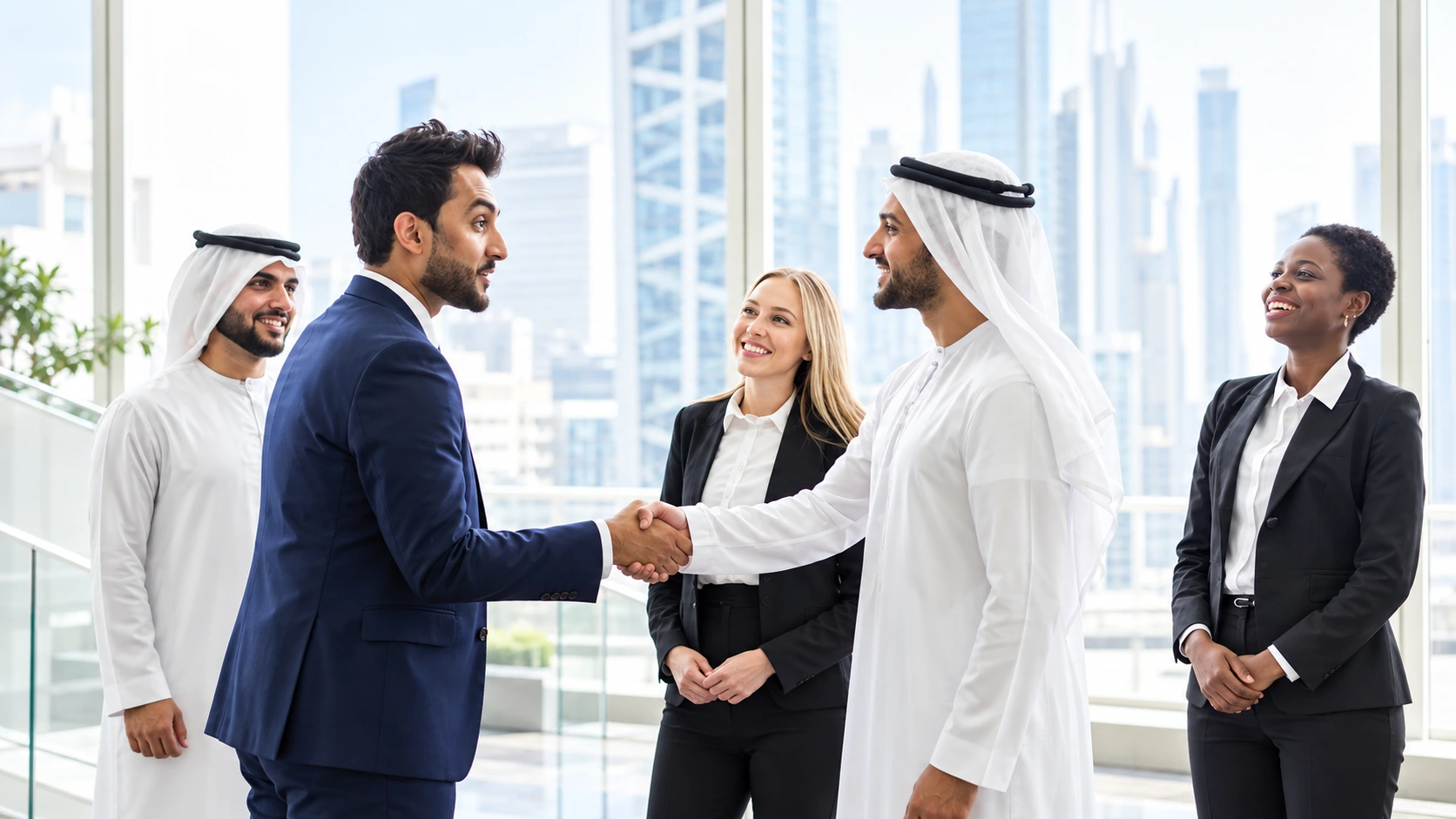 Illustrative business professionals meeting in a bright office